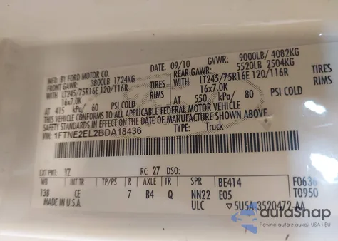 2011 Ford E-250 Commercial z USA, uszkodzony, nr VIN 1FTNE2EL2BDA18436